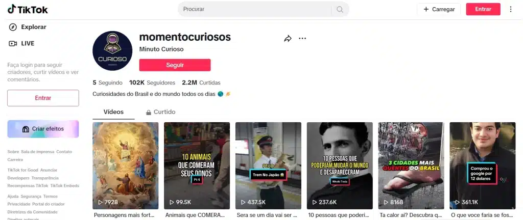 Feed da conta Mundo Curioso no TikTok