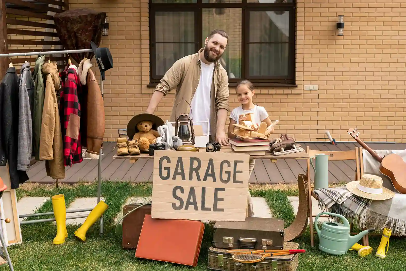 Criança em venda de garagem com seu pai