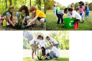 Grupo de crianças plantando uma árvore no parque
Grupo de crianças aprendendo a reciclar o lixo
Grupo de jovens plantando árvores