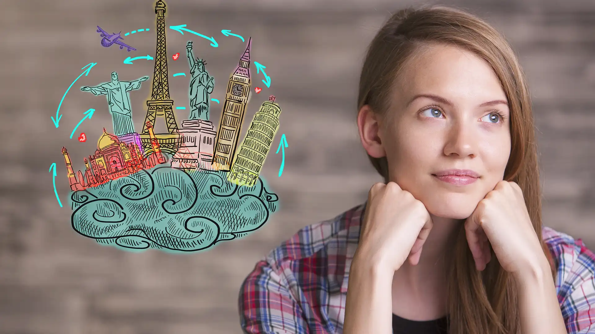 Mulher pensando em visitar pontos turísticos famosos no mundo