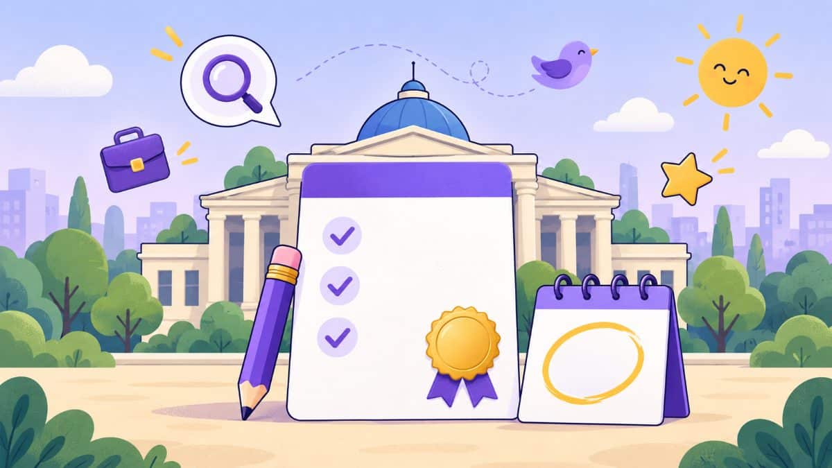 Ilustração de edital de concurso público com checklist, selo e calendário em frente a prédio público